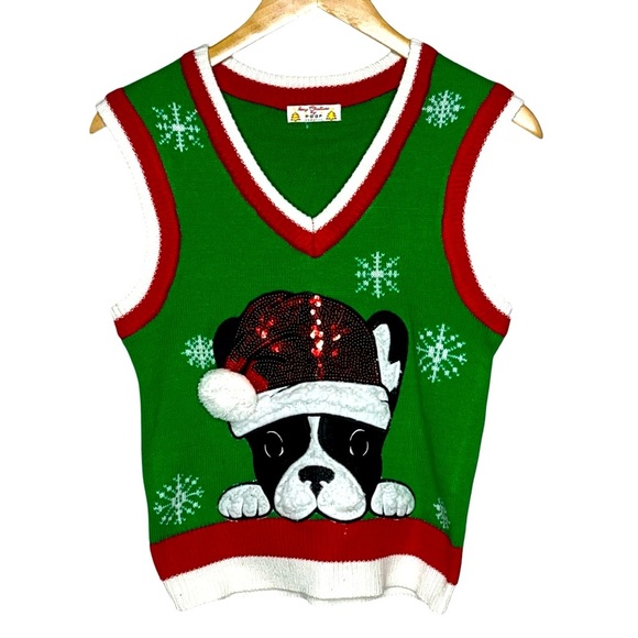 Merry Christmas POOF black white green red Frenchie bulldog sweater vest small s - Picture 1 of 7